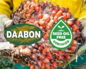 Farmer holding fresh palm fruit bunches representing Daabon’s certified sustainable palm oil, verified under the Seed Oil Free Movement certification.