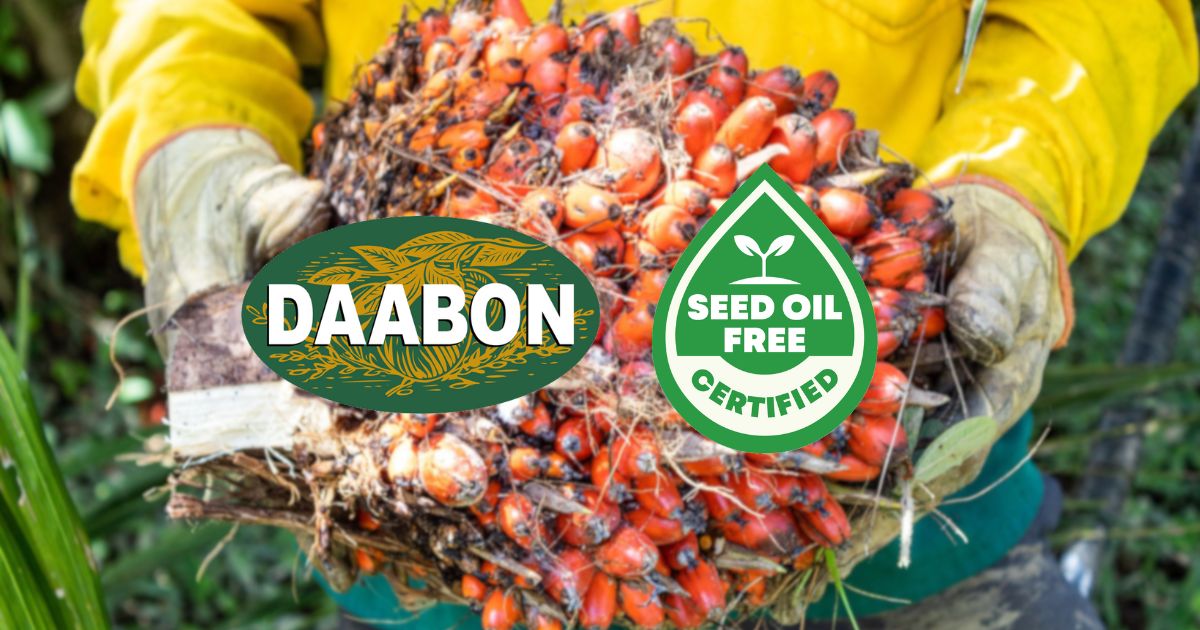 Farmer holding fresh palm fruit bunches representing Daabon’s certified sustainable palm oil, verified under the Seed Oil Free Movement certification.