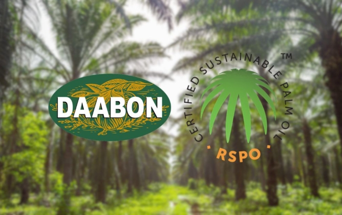Daabon and RSPO Certified Sustainable Palm Oil logos displayed side-by-side against a palm plantation background, symbolizing 15 years of partnership and leadership in Identity Preserved (IP) supply chains.