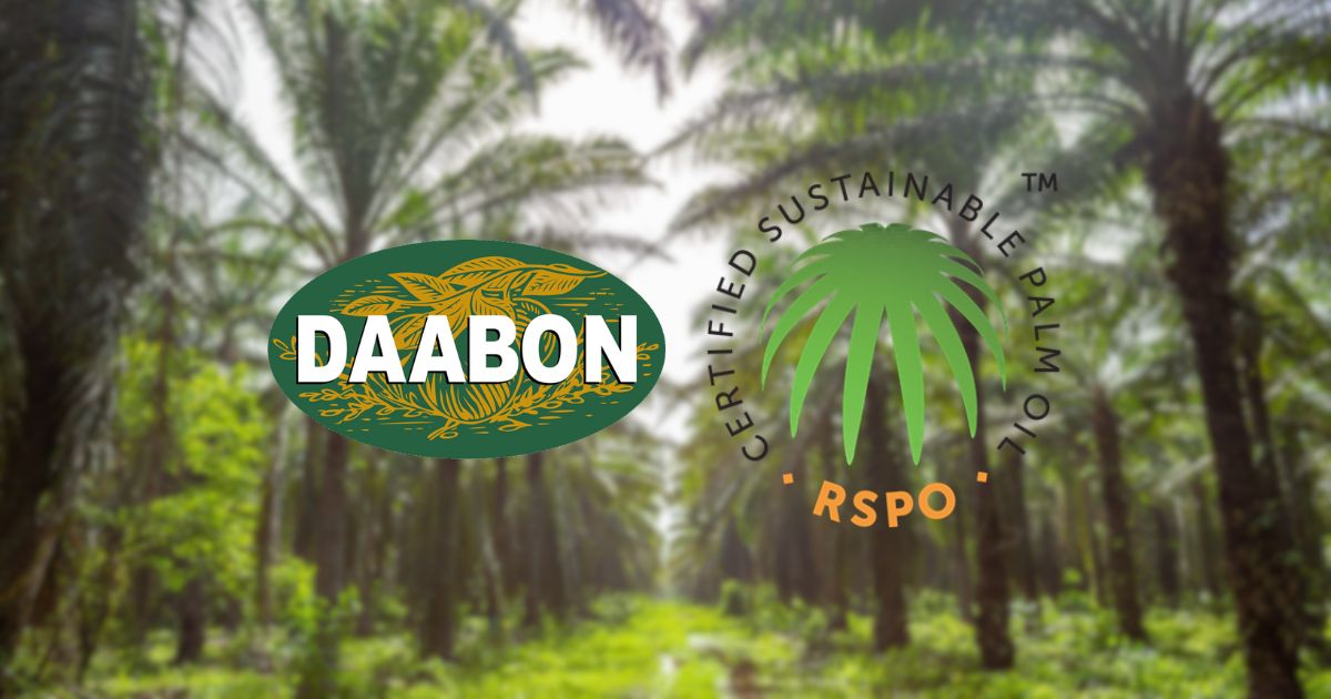 Daabon and RSPO Certified Sustainable Palm Oil logos displayed side-by-side against a palm plantation background, symbolizing 15 years of partnership and leadership in Identity Preserved (IP) supply chains.