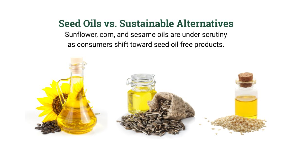 Seed oils such as sunflower, corn, and sesame contrasted with sustainable palm oil alternatives in the Seed Oil Free Movement.