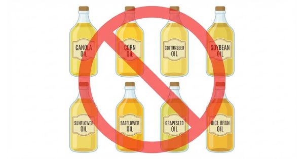 Infographic showing the 'Hateful Eight' industrial seed oils crossed out with a red prohibition symbol. The bottles are labeled: Canola, Corn, Cottonseed, Soy, Sunflower, Safflower, Grapeseed, and Rice Bran oil.