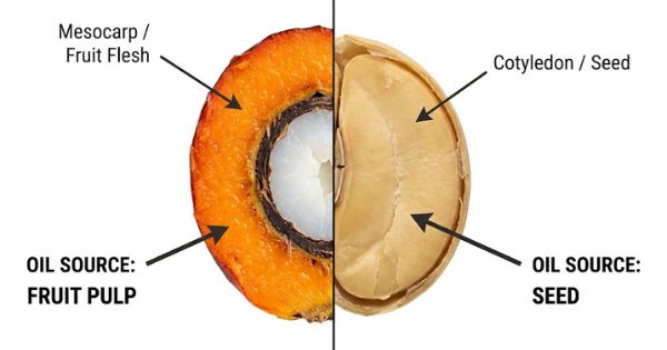 Biological diagram comparing the fleshy orange mesocarp of an oil palm fruit against a dry soybean seed. This illustrates why palm oil is classified as a fruit oil similar to olive oil, while soy is an industrial seed oil.