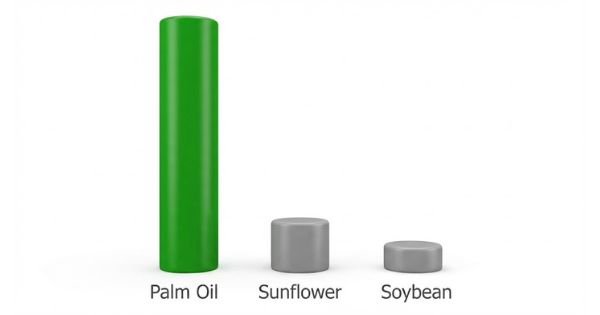 Bar chart comparing agricultural oil yield per hectare. The Palm Oil bar is significantly taller (representing ~3.8 tonnes/ha) compared to the short bars for Sunflower and Soybean oil, illustrating that palm oil requires far less land to produce the same volume.