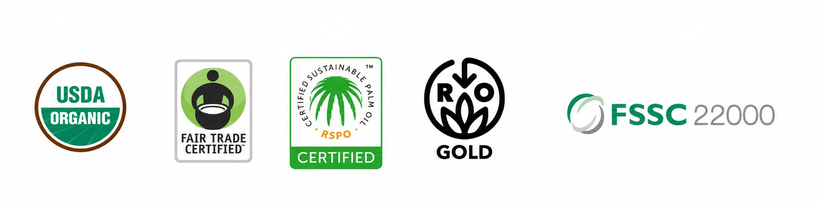 Daabon palm oil certifications: USDA Organic, Fair Trade Certified, RSPO Certified Sustainable Palm Oil, Regenerative Organic Certified Gold, and FSSC 22000