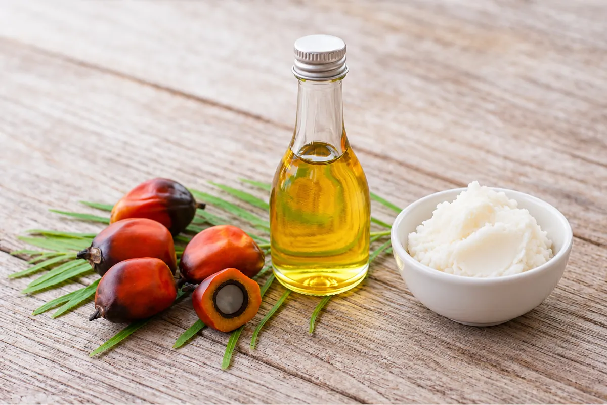 Oil palm fruit, a bottle of golden palm oil and a bowl of solid white palm shortening on a wooden surface
